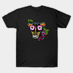 Min Pin with Floppy Ears - Day of the Dead Sugar Skull Dog T-Shirt